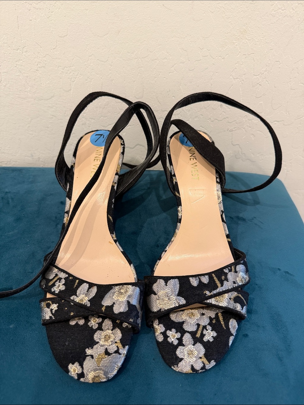 Nine West Black Floral Metallic Embroidered Open-Toe Heels